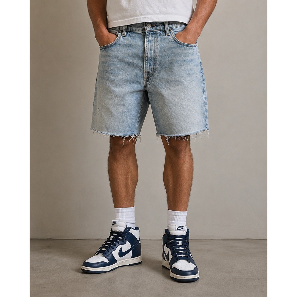 Zara Mens Light Wash Distressed Raw Hem Denim Cut Off Shorts Size 31 Blue